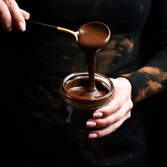 Female hands hold a glass jar with melted chocolate. Kitchen utensils. On a black background.