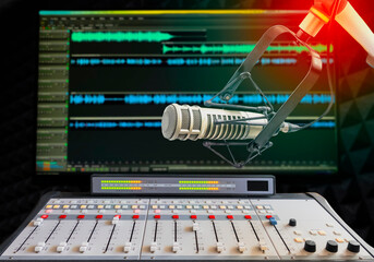 Professional microphone and sound mixer in radio station studio