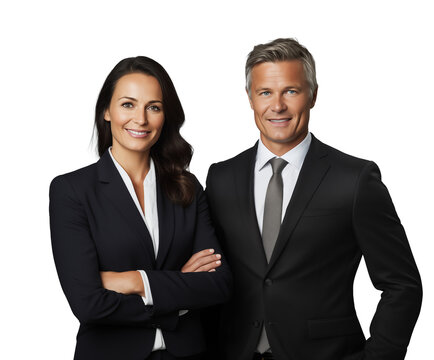 Concept of partnership in business. Young man and woman standing back-to-back with crossed hands against grey background