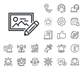 Fototapeta premium Image thumbnail with pencil sign. Place location, technology and smart speaker outline icons. Photo edit line icon. Picture placeholder symbol. Photo edit line sign. Vector