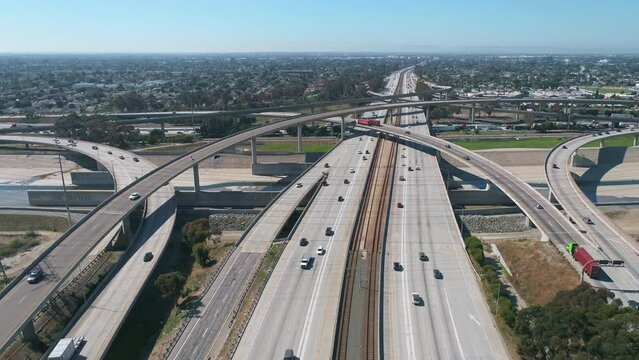 Aerial drone flight over complex 710 Interstate interchange over top the Los Angles River