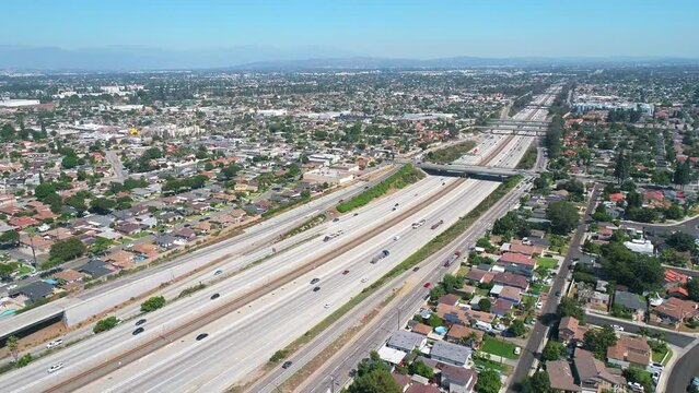 Drone view of 710 Interstate and surrounding neighborhoods in Los Angeles, California