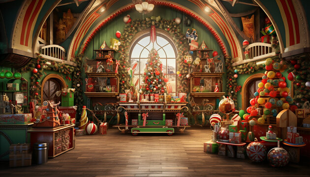 christmas shop with santa claus and presents
