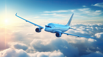 Obraz premium Passengers commercial airplane flying above clouds in midday. Concept of fast travel, holidays and business.