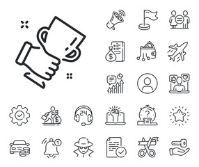 Hold trophy sign. Salaryman, gender equality and alert bell outline icons. Winner cup line icon. Best achievement symbol. Winner cup line sign. Spy or profile placeholder icon. Vector