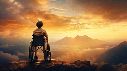 young child in wheelchair standing on mountain top at sunset,Overcoming obstacles and reaching your goal concept  - obrazy, fototapety, plakaty
