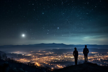 Obraz premium three people standing on a hill looking at the sky