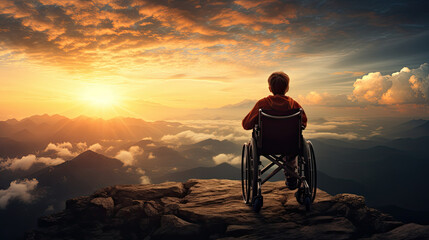 Overcoming obstacles and reaching your goal concept with young child in wheelchair standing on mountain top at sunset - obrazy, fototapety, plakaty