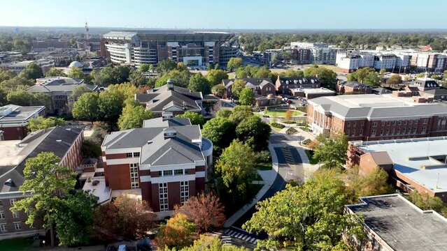 aerial pullout from bryant-denny stadium to the university of alabama campus