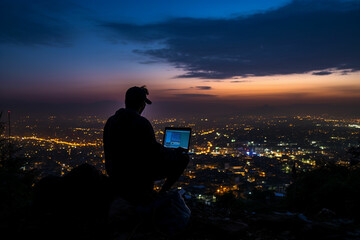 three people standing on a hill looking at the sky