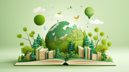 Open book with green world made in paper style, Green world in cute style, environment preservation concept, eco green - obrazy, fototapety, plakaty