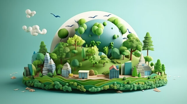Open book with green world made in paper style, Green world in cute style, environment preservation concept, eco green