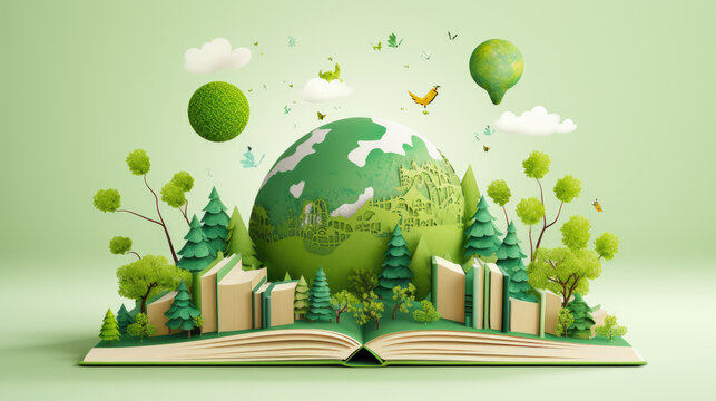 Open book with green world made in paper style, Green world in cute style, environment preservation concept, eco green