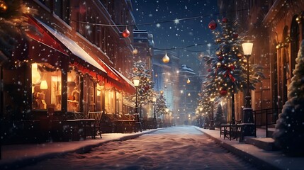 Fototapeta na wymiar Festive Night Glitter: Blurred City Street with Snowfall and Christmas Lights - Abstract Bokeh Defocus Background