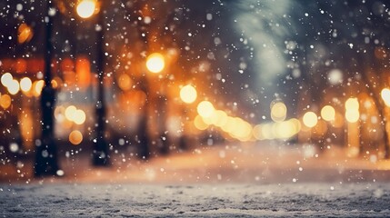 Fototapeta na wymiar Festive Night Glitter: Blurred City Street with Snowfall and Christmas Lights - Abstract Bokeh Defocus Background