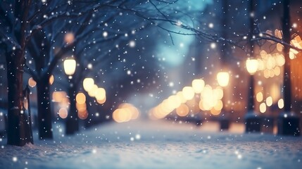 Festive Night Glitter: Blurred City Street with Snowfall and Christmas Lights - Abstract Bokeh Defocus Background