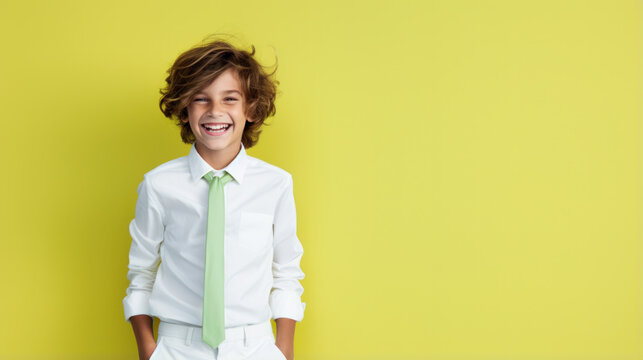 Boy in white pants and a shirt with a light green tie on a pastel green background - Powered by Adobe