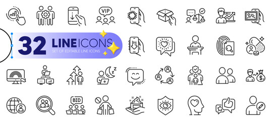 Outline set of Friends chat, Graph chart and Hold box line icons for web with Eye protection, Employees teamwork, Download app thin icon. Inspect, Stop shopping, Online auction pictogram icon. Vector