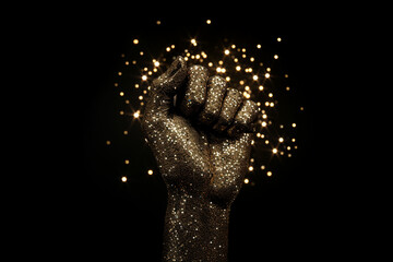a hand holding up a fist with a light shining on it