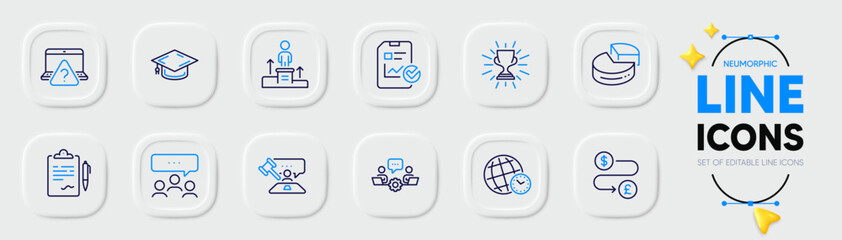 Time zone, Business podium and Money transfer line icons for web app. Pack of Judge hammer, Online question, Teamwork pictogram icons. Meeting, Graduation cap, Report checklist signs. Vector