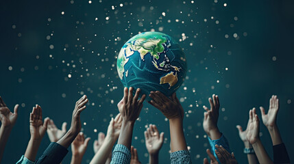 many hands holding Planet Earth Globe, Saving the planet concept 
