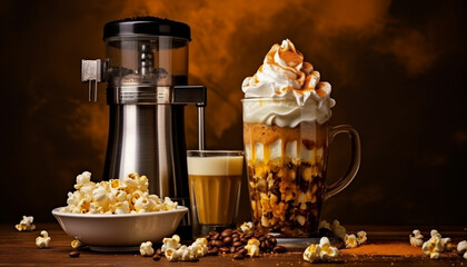 a coffee drink with whipped cream and caramel on a wooden table