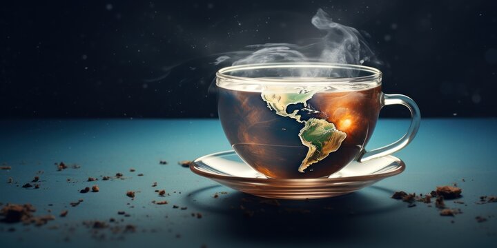 tea day, a large cup of tea with a map of the earth, on a saucer, on a dark blue background. concept, free spase, banner