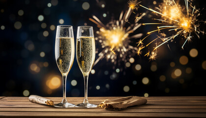 two champagne flutes with sparklers on a wooden table - obrazy, fototapety, plakaty