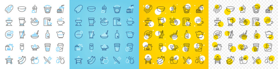 Vector icons set of Tea mug, Ice cream and Pasta dish line icons pack for web with Grill, Latte, Coffee cup outline icon. Espresso cream, Salad, Grilled sausage pictogram. Food delivery. Vector