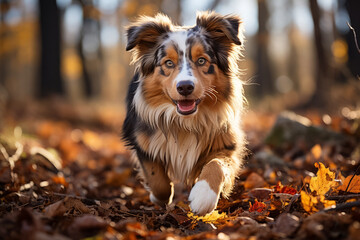 Young Australian sheperd running in a forest, in autumn