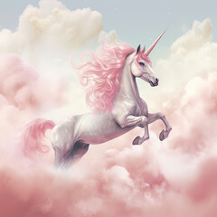 Naklejka premium Pink Unicorn Above The Clouds Illustration, Generative Ai