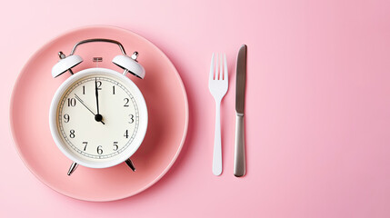 Empty plate with alarm clock on pink, intermittent fasting concept,Alarm clock and plate with cutlery . Concept of intermittent fasting, lunchtime, diet and weight loss - obrazy, fototapety, plakaty