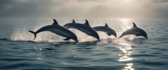 A pod of dolphins performing acrobatics on the sea