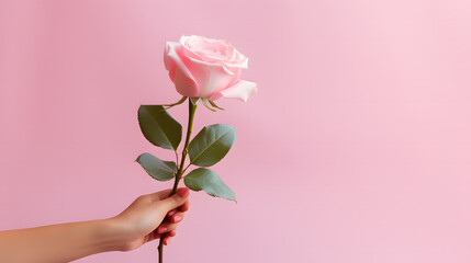 Holding a pink rose On pink background, Valentine's Day concept. wallpaper.