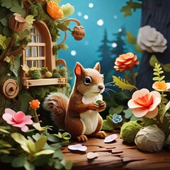 Fototapeta premium Baby Squirrel with Flowers: A Charming Nature's Harmony