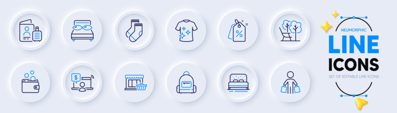 Online shopping, Buyer and Backpack line icons for web app. Pack of Clean t-shirt, Pillows, Socks pictogram icons. Passport, Marketplace, Deckchair signs. Discount tags, Bed, Wallet money. Vector