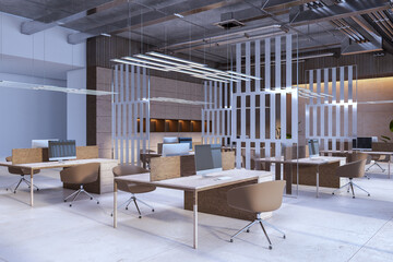 Clean dark coworking office interior with suspended partitions. 3D Rendering.