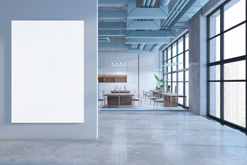 Modern glass office interior with empty white mock up banner, window and city view, concrete flooring and furniture. 3D Rendering.