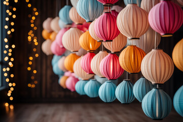 Fototapeta na wymiar composition of colorful paper lanterns, symbolizing joy and celebration, leaving room for personalized messages, with copy space, eye-catching photo,
