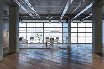Contemporary glass office interior with window and city view, wooden flooring and furniture. 3D Rendering.