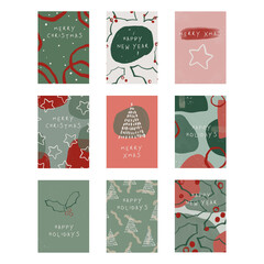Naklejka premium Collection of Christmas and New Year cards and posters. Festive abstract green-red design. Hand drawn.