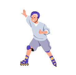 Happy boy skating on roller skates, rolling shoes. Smiling child skater in safety helmet. Joyful cheerful active kid. Outdoor sports activity. Flat vector illustration isolated on white background