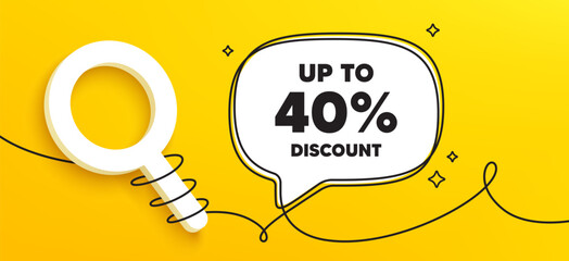 Up to 40 percent discount. Continuous line chat banner. Sale offer price sign. Special offer symbol. Save 40 percentages. Discount tag speech bubble message. Wrapped 3d search icon. Vector