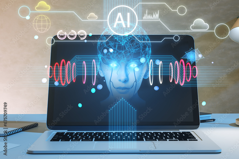 Poster Close up of notebook on desk with creative polygonal human head and icons hologram on blurry background. Artificial intelligence, chat GPT, bot assistant and machine learning concept. 3D Rendering.