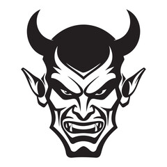 Vector illustration. Male portrait of a malevolent laughing devil businessman with horns.