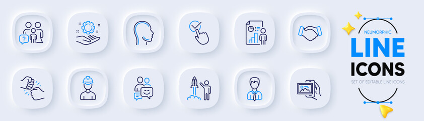 Fist bump, Communication and Business report line icons for web app. Pack of Image album, Checkbox, Businessman pictogram icons. Employee hand, Handshake, Head signs. Foreman. Vector