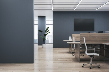 Clean wooden coworking office interior with window and city view, empty black screen, decorative plants and furniture. 3D Rendering.