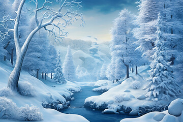 winter forest landscape with river and snow covered trees