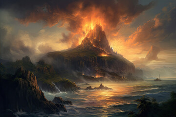 Naklejka premium Fabulous fantastic tropical landscape with abstract mountains and erupting volcano with burning lava on island in ocean