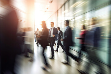 Large office lobby with glass walls in corporate building with blurry people in formal suits in the morning rush hour